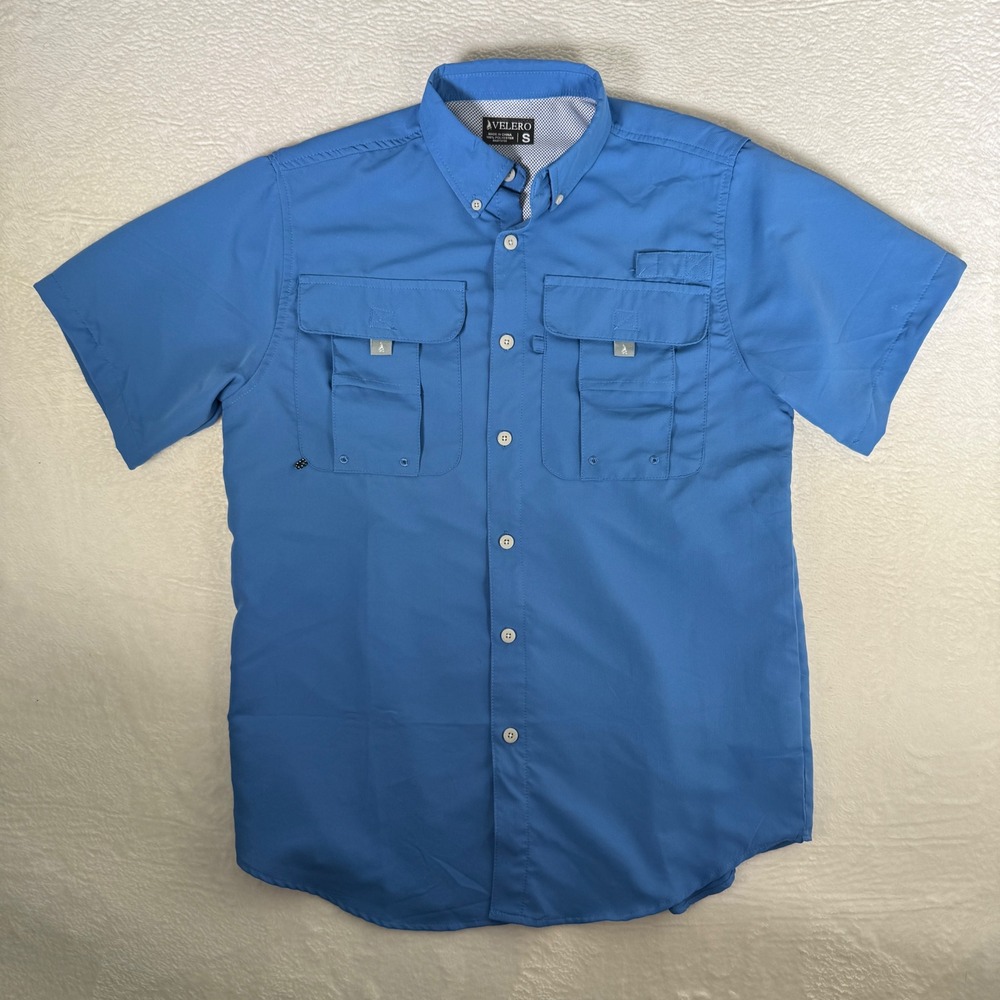 Velero Mens Short Sleeve Fishing Shirt Blue Vented Performance Button‎ Up Small